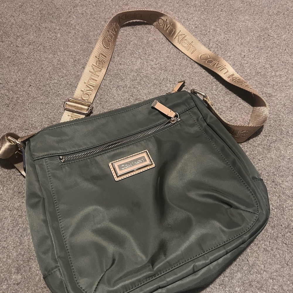 Calvin Klein Olive Green Nylon Crossbody with Gold Hardware